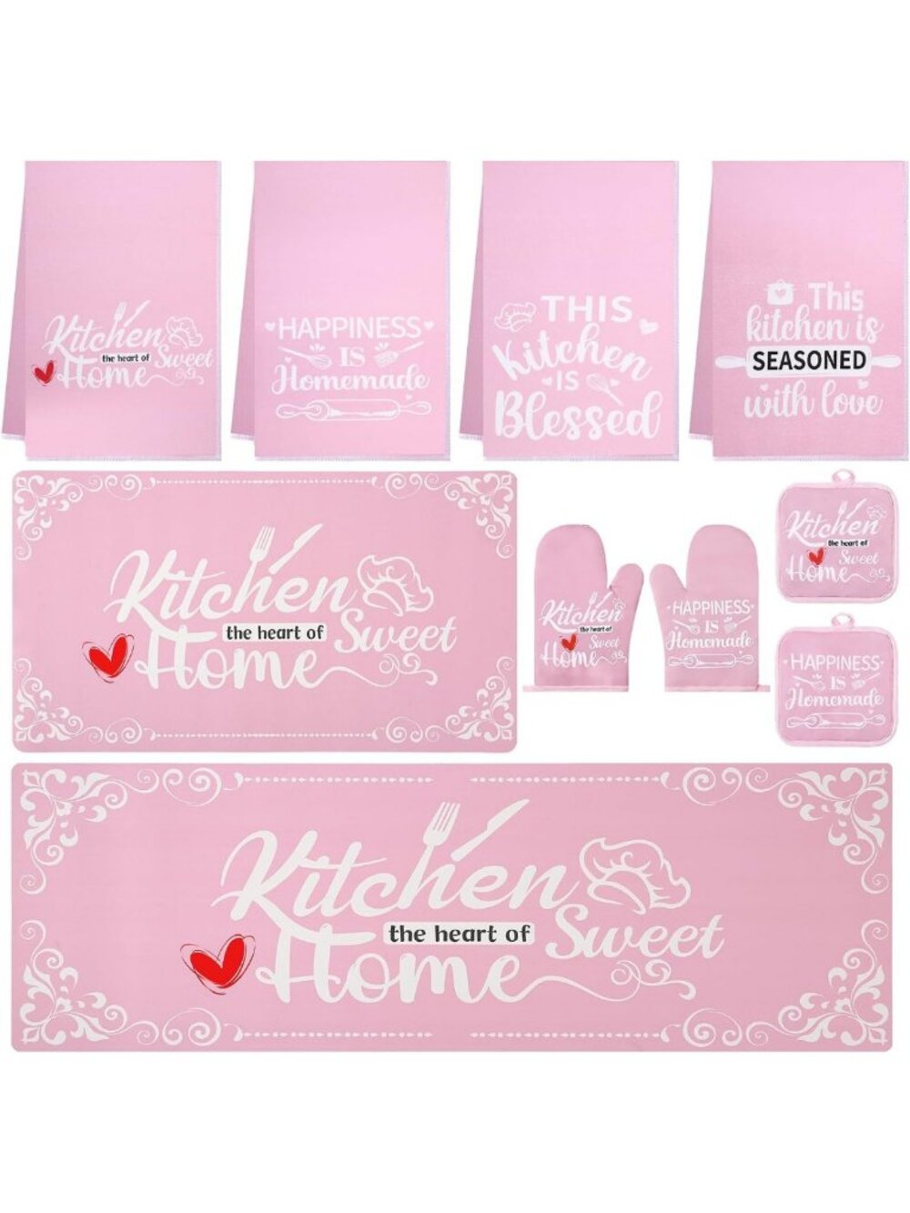 10 Pcs Pink Kitchen Decor Set: Dish Towels, Vintage Pot Holders, Oven Mitts